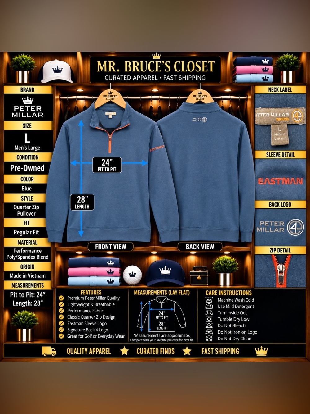Peter Millar Blue Quarter-Zip Pullover with Orange Zip Trim